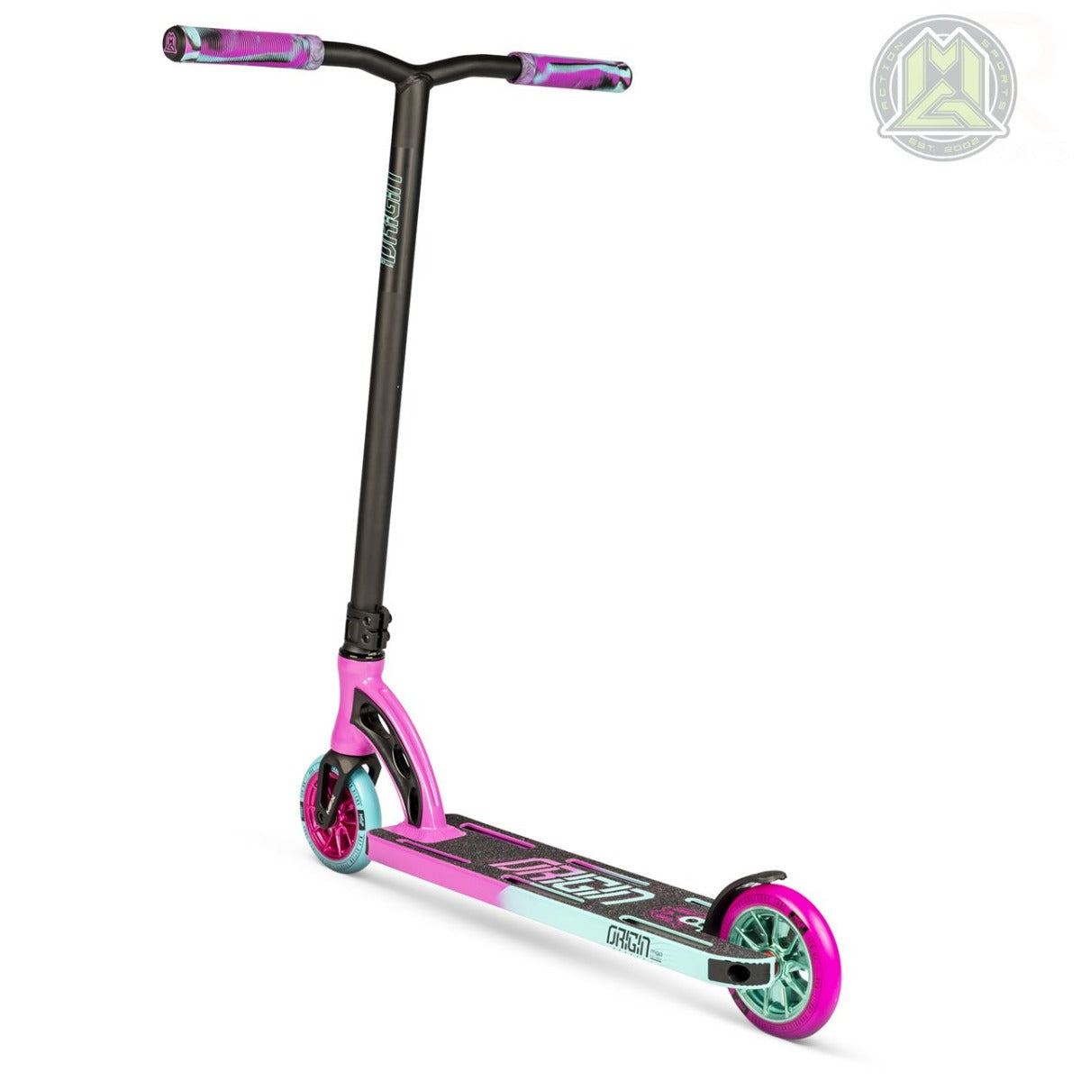 The Madd Gear (MGP) MGP VX Origin Pro Complete Stunt Scooter in Pink and Teal Blue is a vibrant, durable stunt scooter featuring a black handlebar and a deck adorned with striking pink, blue, and purple designs. This lightweight scooter comes equipped with pink and green wheels, prominently showcasing the MGP logo in the top right corner.