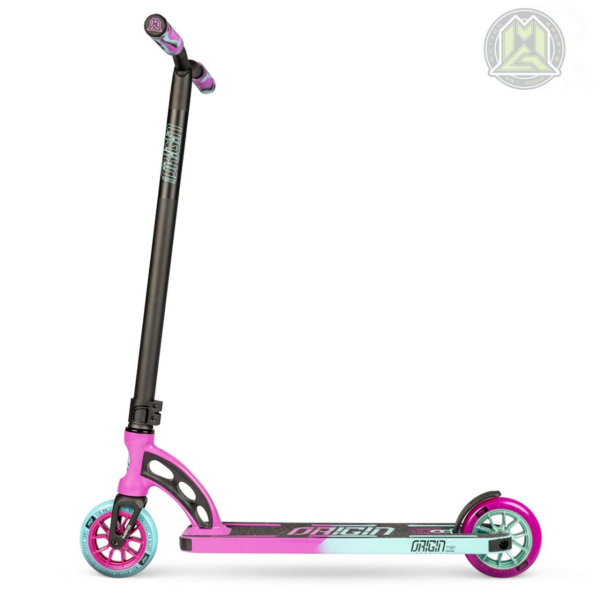 The Madd Gear MGP VX Origin Pro Complete Stunt Scooter in Pink and Teal Blue showcases a vibrant design with a black handlebar and eye-catching pink and teal blue accents. This sturdy stunt scooter includes a textured deck for enhanced grip, lightweight construction, stylish neon wheels, and the Madd Gear (MGP) logo prominently displayed in the top right corner.