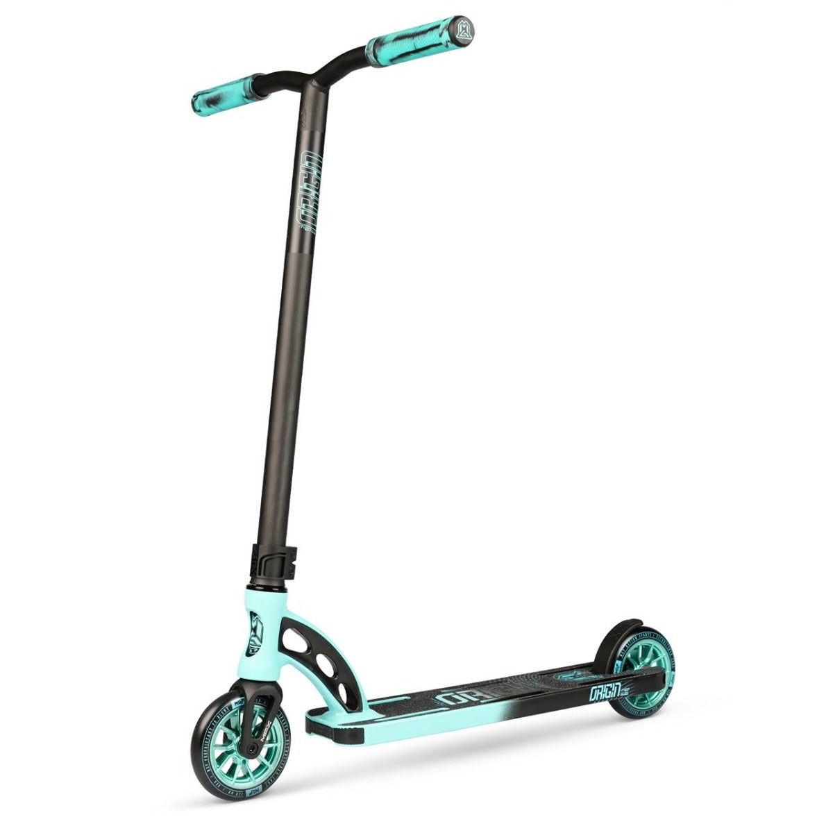 The Madd Gear MGP VX Origin Pro Complete Stunt Scooter, in teal blue and black, features a T-bar handle with grips. With alloy wheels and a narrow deck, this Madd Gear scooter showcases a sleek, sporty design ideal for tricks and freestyle riding.