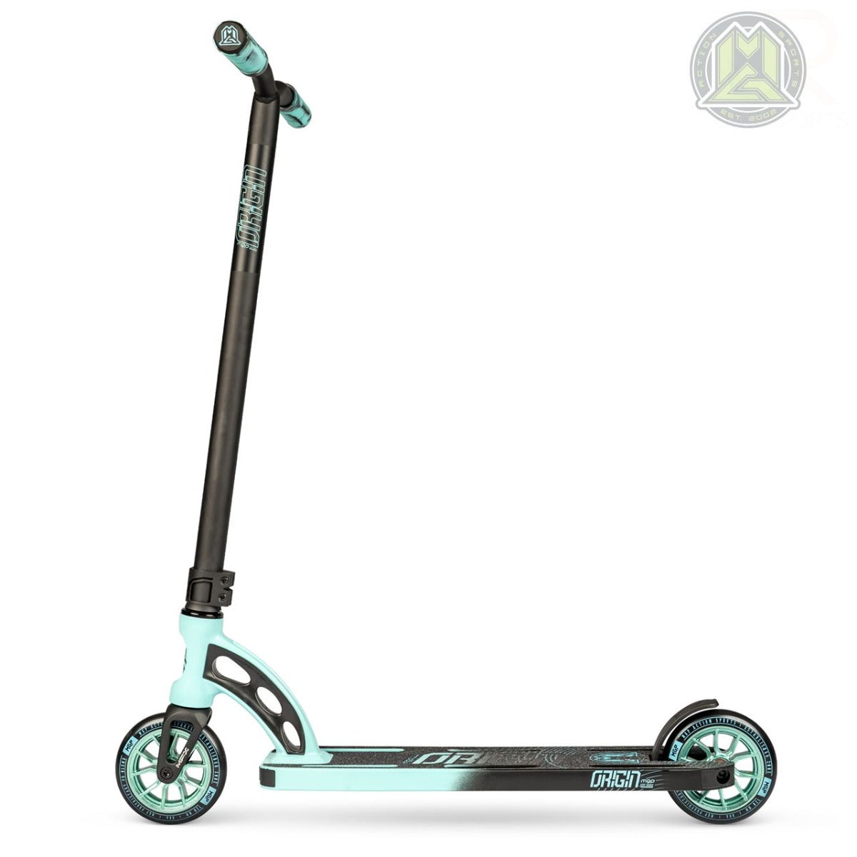 The Madd Gear (MGP) VX Origin Pro Complete Stunt Scooter features a stylish teal blue and black design. Its deck highlights the word "Origin" on a durable frame, with teal blue wheels accented in black that match the handles. The iconic Madd Gear brand logo is prominently displayed in the top corner.