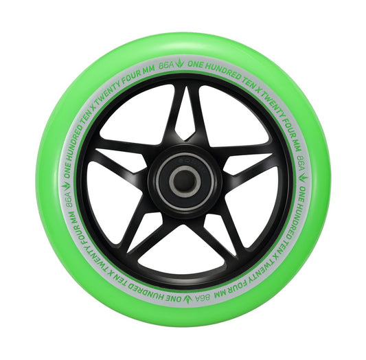 Close-up of a Blunt Envy One S3 110mm stunt scooter wheel featuring a black five-spoke hub. The durable green rim showcases the text "ONE HUNDRED TEN X TWENTY FOUR MM" and "86A" in white, making it ideal for stunt scooters.