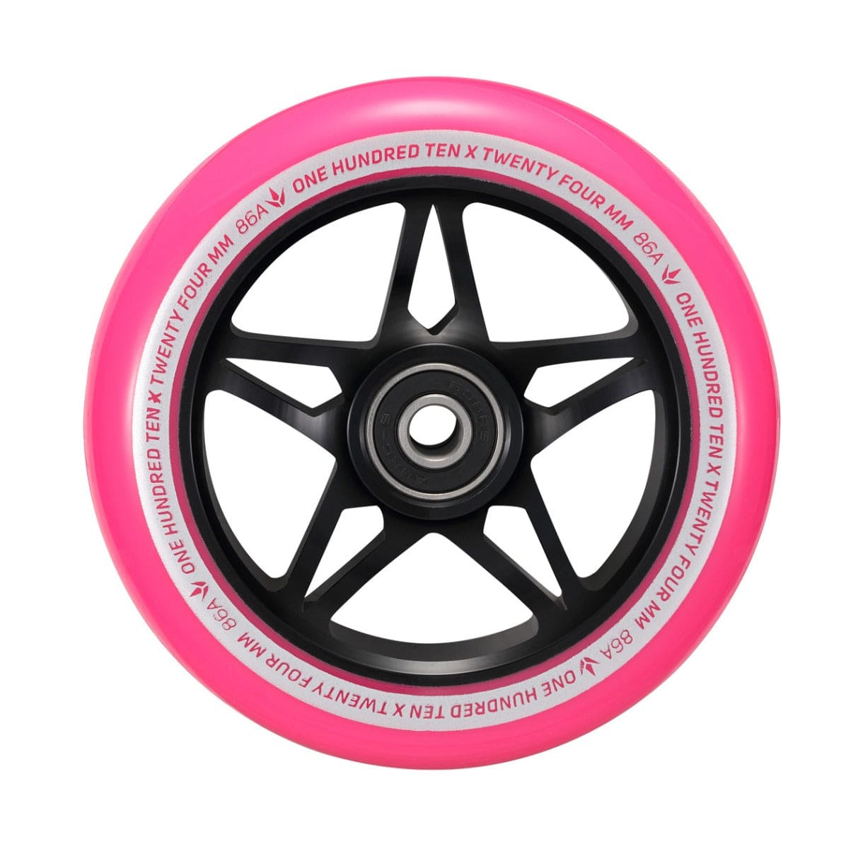 The Blunt Envy One S3 110mm Stunt Scooter Wheel in black and pink showcases a sleek five-spoke design. Ideal for stunts, it features precise ABEC 9 bearings and "One Hundred Ten x Twenty Four MM 86A" is elegantly displayed in white around the edge.