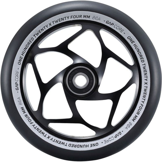 The Blunt Envy 120mm GAP Core stunt scooter wheel in black features a close-up view of its striking geometric spoke design with the tire displaying the text "One Hundred Twenty X Twenty Four MM 86A - GAP Core.