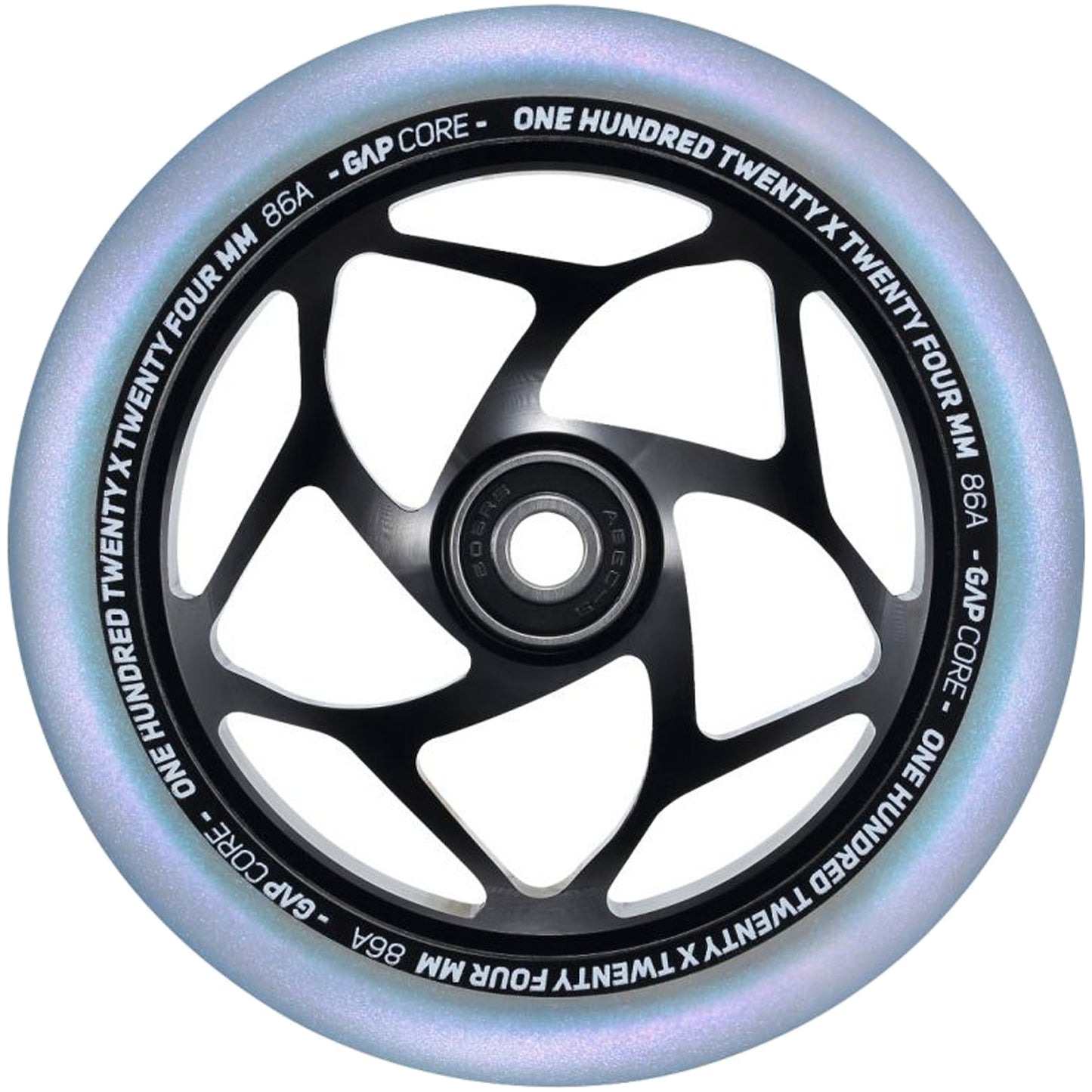 A detailed view of a Blunt Envy 120mm GAP Core Stunt Scooter Wheel, showcasing its black, spoked core with white "One Hundred Twenty Four MM 86A - GAP CORE" lettering around the rim. The wheel's outer edge features a slightly iridescent finish, similar to the sleek design seen in Blunt Envy stunt scooter wheels.