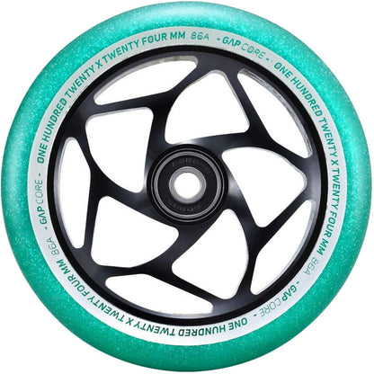 Introducing the Blunt Envy 120mm GAP Core Stunt Scooter Wheel in black and jade, featuring an intricate spoked hub design. The text on the wheel boasts "ONE HUNDRED TWENTY FOUR MM 86A" and "GAP CORE." Perfect for Blunt Envy stunt scooters, it delivers excellent performance with ABEC 9 bearings.