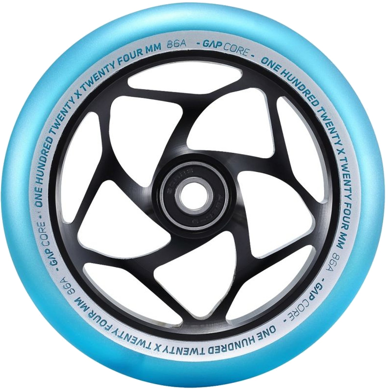 A detailed view of a Blunt Envy 120mm GAP Core Stunt Scooter Wheel in black and teal reveals a five-spoke design with inscriptions that say "ONE HUNDRED TWENTY X TWENTY FOUR MM 86A GAP CORE" along its rim.