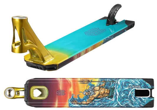 A vibrant Blunt Envy AOS V5 LTD Raymond Warner Signature Stunt Scooter Deck, featuring a gold head tube and teal surface. The underside showcases artwork depicting a muscular figure with a trident amidst swirling waves, set against a sunset backdrop, capturing the stunning detail typical of Blunt Envy's Signature Decks.