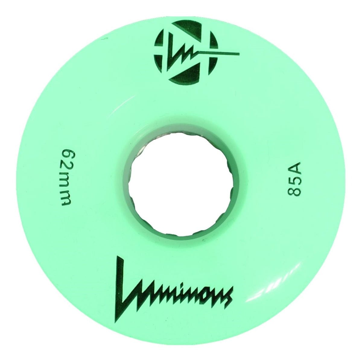 The white glow roller skate wheel from the Luminous brand highlights the words "Luminous," "62mm," and features an 85A durometer. Its round shape with a central opening is enhanced by stylish black branding graphics, making it perfect for vibrant skating sessions using Luminous LED Quad Roller Skate Wheels.