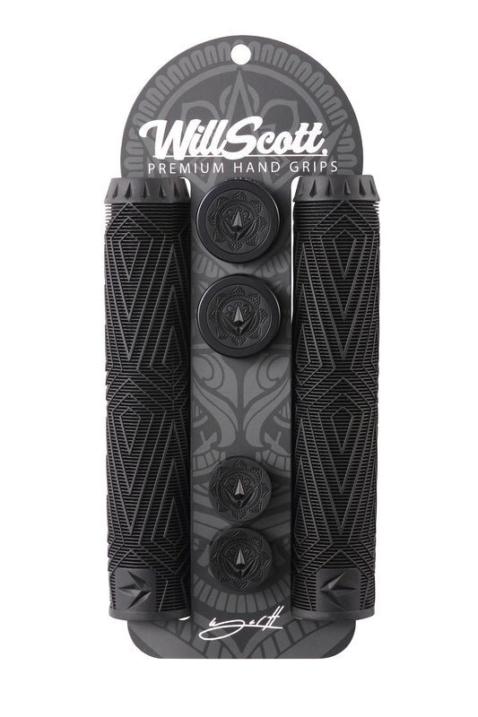 The packaging displays the Blunt Envy Will Scott Black Stunt Scooter Grips - 170mm, which includes two black grips crafted from thermoplastic rubber compounds, complemented by four matching end caps. The backdrop features a tribal design with the text "Will Scott Premium Hand Grips.