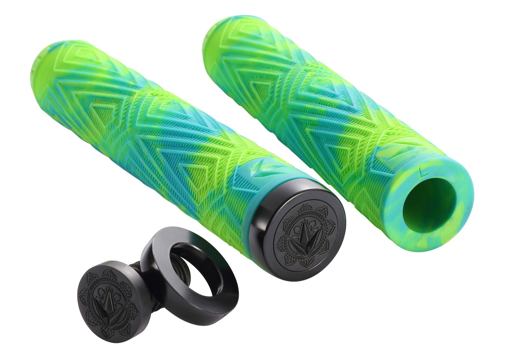 A close-up of the Blunt Envy Will Scott Green / Teal Stunt Scooter Grips - 170mm highlights the exquisite craftsmanship of this collaboration, showcasing premium hand grips engineered for ultimate comfort and control.