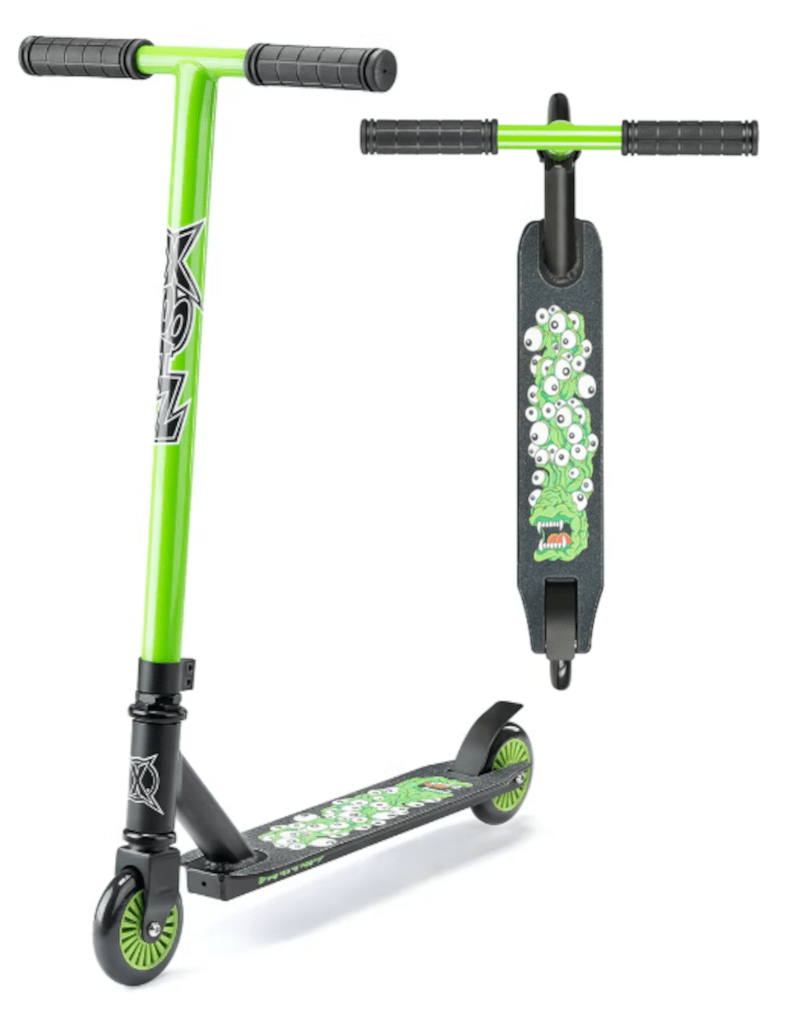 The Xootz Youth Stunt Scooter - Brainache by Xootz is a green and black youth stunt scooter featuring sturdy black handlebars and a decorated deck with a green and white pattern. Designed for learning tricks, it boasts black wheels with green accents and small eye motifs on the deck, all crafted from durable aluminum construction.