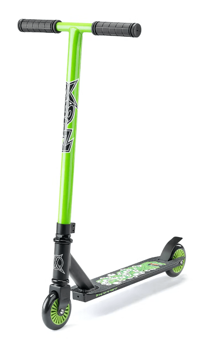 Introducing the Xootz Youth Stunt Scooter - Brainache, a green and black scooter designed for young riders. This model features durable aluminium construction, a T-shaped handlebar with textured grips, and two small wheels. The deck is adorned with a colorful pattern, while the green-spoked wheels are perfect for mastering new tricks.