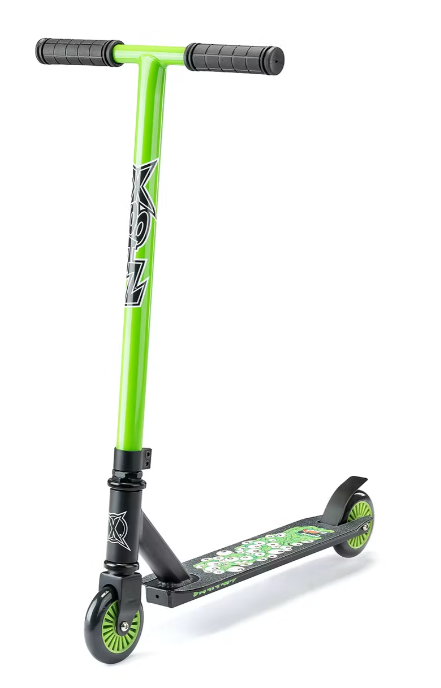 Introducing the Xootz Youth Stunt Scooter - Brainache, a green and black scooter designed for young riders. This model features durable aluminium construction, a T-shaped handlebar with textured grips, and two small wheels. The deck is adorned with a colorful pattern, while the green-spoked wheels are perfect for mastering new tricks.