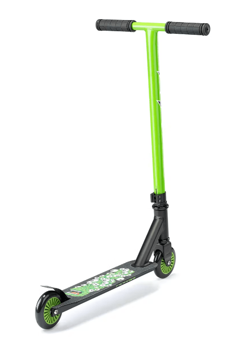 The Xootz Youth Stunt Scooter - Brainache comes in a striking green and black color scheme, featuring a long handlebar with rubber grips and a beautifully decorated deck. Crafted from durable aluminium, this scooter has two small wheels, one at the front and one at the back. Its sleek frame makes it perfect for learning tricks.