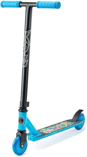 Introducing the Xootz Youth Stunt Scooter - Monster Mashup, a blue and black scooter featuring a T-shaped handlebar. The deck displays vibrant graphics inspired by a monster mashup, coupled with solid blue wheels. This stylish design from Xootz is ideal for kids or teens seeking adventure.