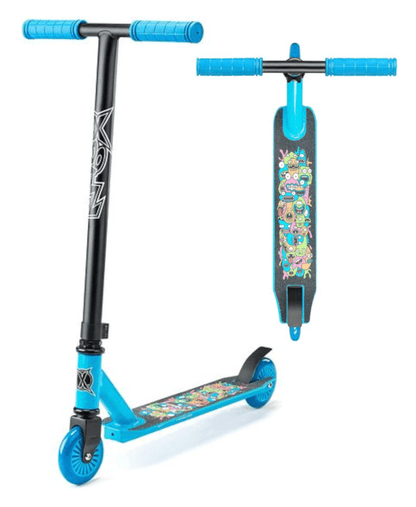 The Xootz Youth Stunt Scooter - Monster Mashup is a blue and black scooter featuring vibrant cartoon graphics on the deck. Its illustration showcases colorful characters and designs, with a blue T-bar and wheels designed for freestyle tricks and endless fun.