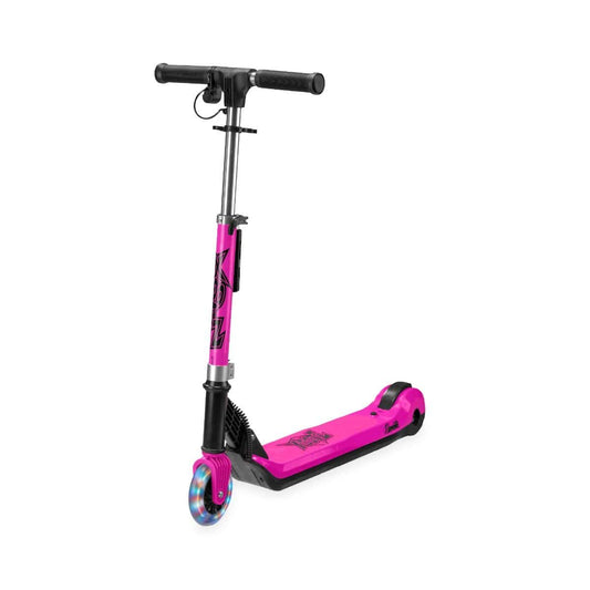 The Xootz Elements Electric Scooter - Pink, from the brand Xootz, is designed with black handlebars and a black footplate. It features LED wheels that illuminate with colorful lights on both the front wheel and rear wheel cover. This scooter, powered by a 70W motor, is showcased elegantly against a white background.