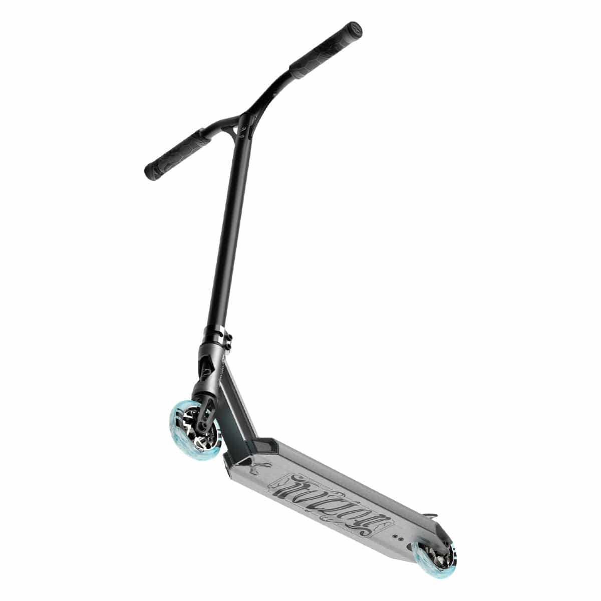 A stylish grey silver stunt scooter with contrasting turquoise wheels and text on the foot deck, captured in a way that emphasizes the handlebars and frame. This Fuzion Z300 2021 Complete Stunt Scooter is crafted for those seeking both style and performance in a single dynamic package.