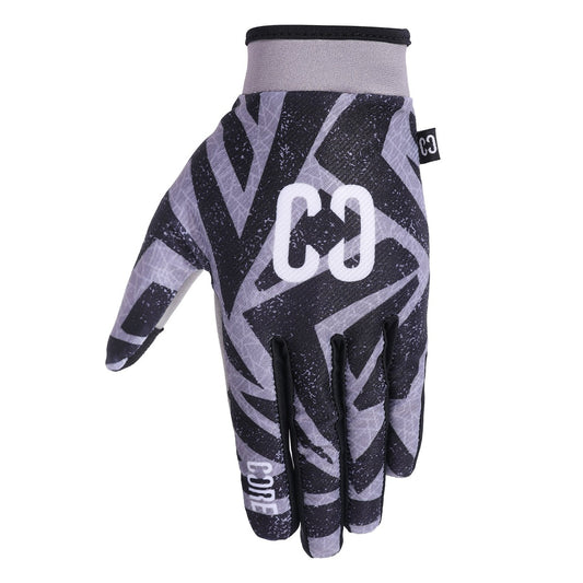 The CORE Aero Skate Protection Gloves - Zag Grey feature a black and gray geometric pattern with "CO" prominently displayed on the back and "CODE" on the index finger. These gloves offer a modern aesthetic and are touch screen friendly, providing convenient use while skating.