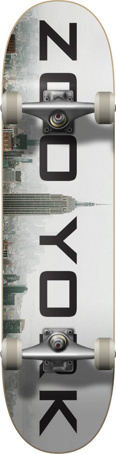 Experience skateboarding mastery with the Zoo York Logo Block Fog Complete Skateboard – 7.75" x 31.5". This high-quality board from Zoo York showcases a stunning grayscale cityscape design of New York City, adorned with skyscrapers and bold "ZOO YORK" lettering, perfect for executing tricks with style.