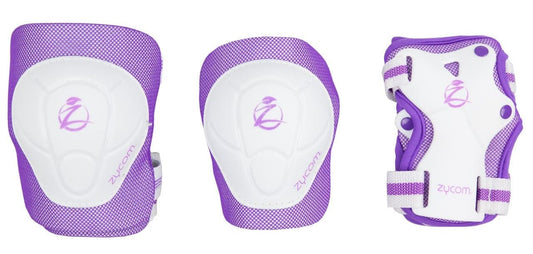 The Zycom Child Combo Skate Protection Pad Set in lilac and white includes knee pads and a wrist guard featuring a logo. It comes with adjustable Velcro straps for secure fastening, ensuring both comfort and safety.