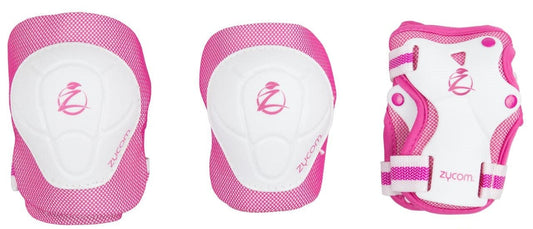 Introducing the Zycom Child Combo Skate Protection Pad Set in Pink and White: this set includes three pads—two for either knees or elbows and one wrist guard. Enhanced with EVA foam padding, it provides outstanding protection for children during skating and similar activities. The mesh design highlights the Zycom logo prominently.