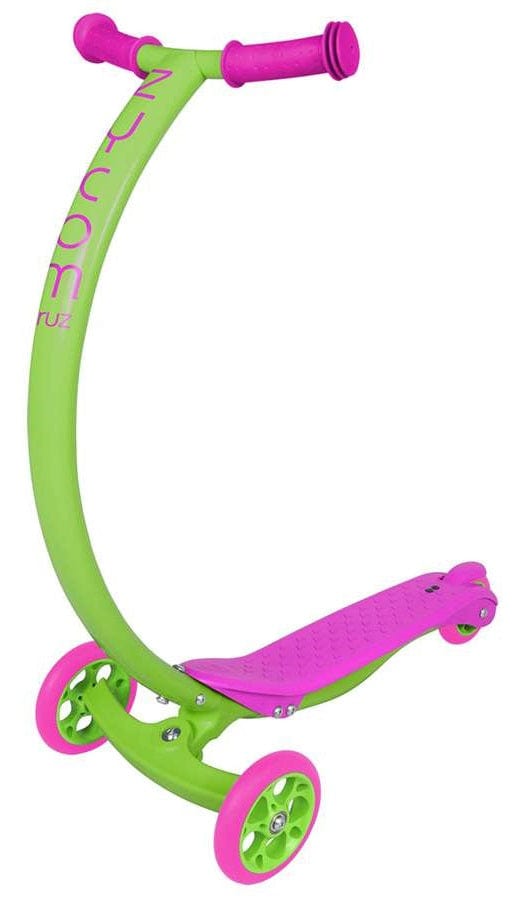 The Zycom C100 Mini Cruz Complete Scooter in lime and pink, offers a lightweight design ideal for kids. This vibrant three-wheel scooter showcases a curved frame adorned with the "Zycom" logo, along with pink grips and wheels, plus a textured foot deck for enhanced stability.